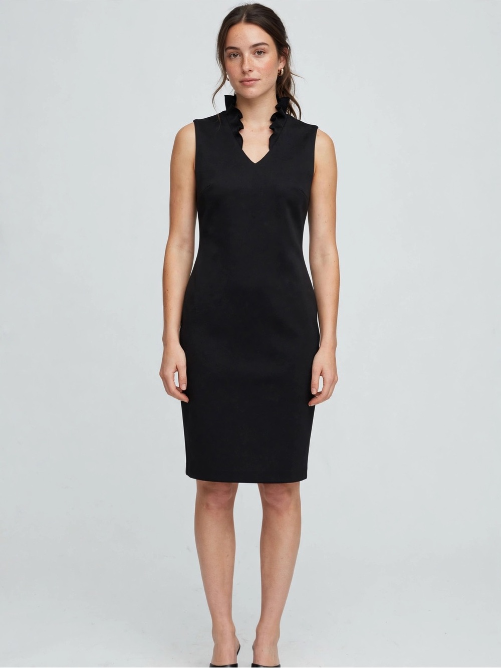 Ruffle-Trim Sleeveless Sheath Dress in Black by Calvin Klein